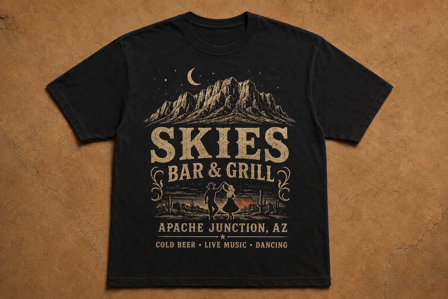 Black Skies Bar and Grill graphic T-shirt with Superstition Mountain artwork