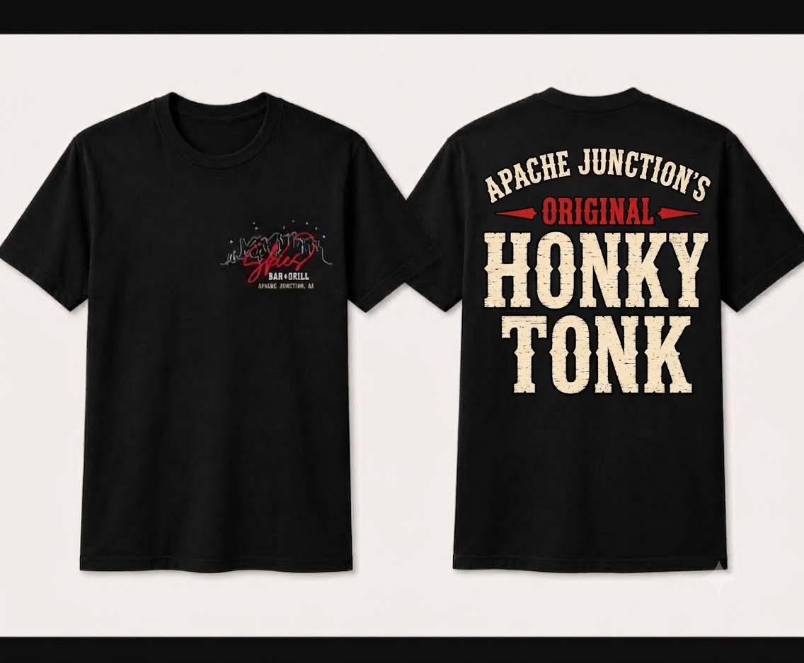 Front and back of the black Original Honky Tonk Tee with a small Skies chest logo and cream and red back lettering