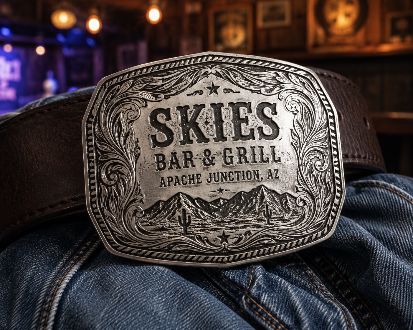 Skies Founders Buckle with engraved Skies Bar and Grill Apache Junction design