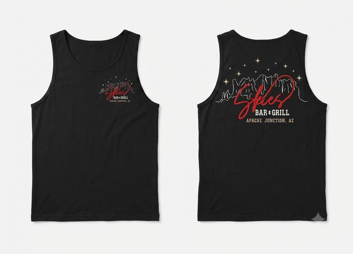 Front and back of the black Skies Mountain Logo Tank with scoop neck, red script, mountain outlines, and stars