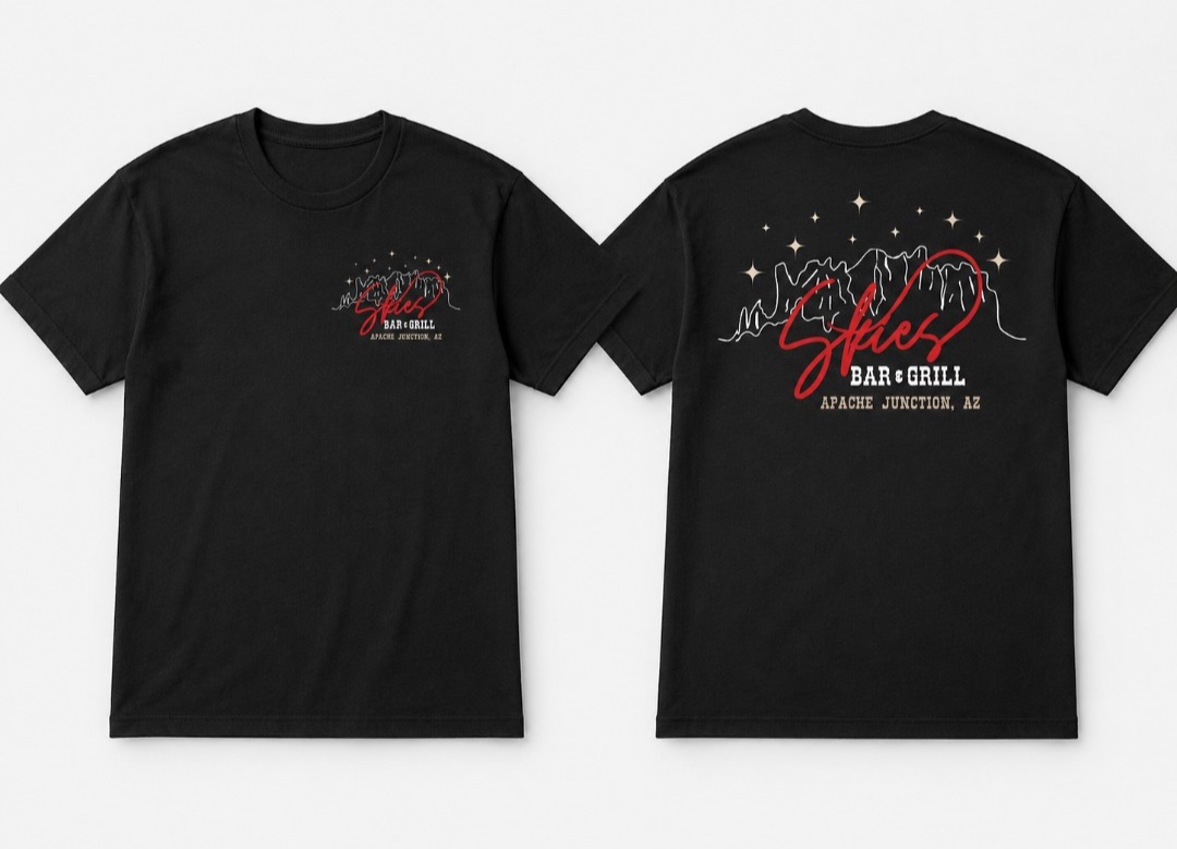 Black Skies Mountain Logo Tee, front and back, with red script, mountain outlines, and cream stars