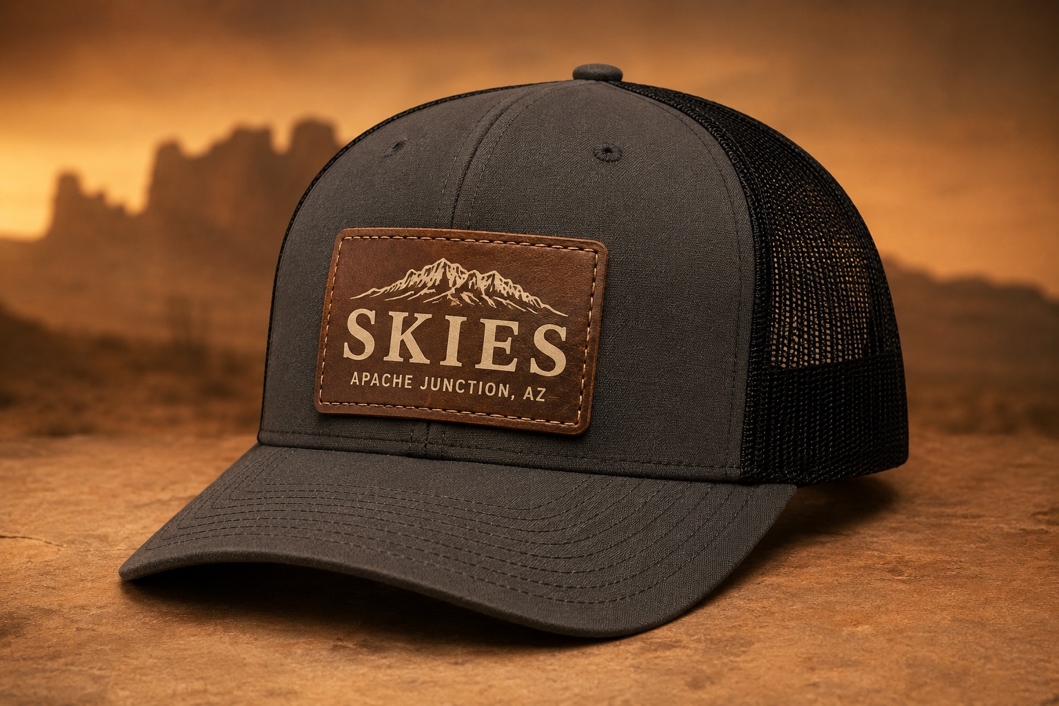 Dark Skies trucker hat with leather mountain patch